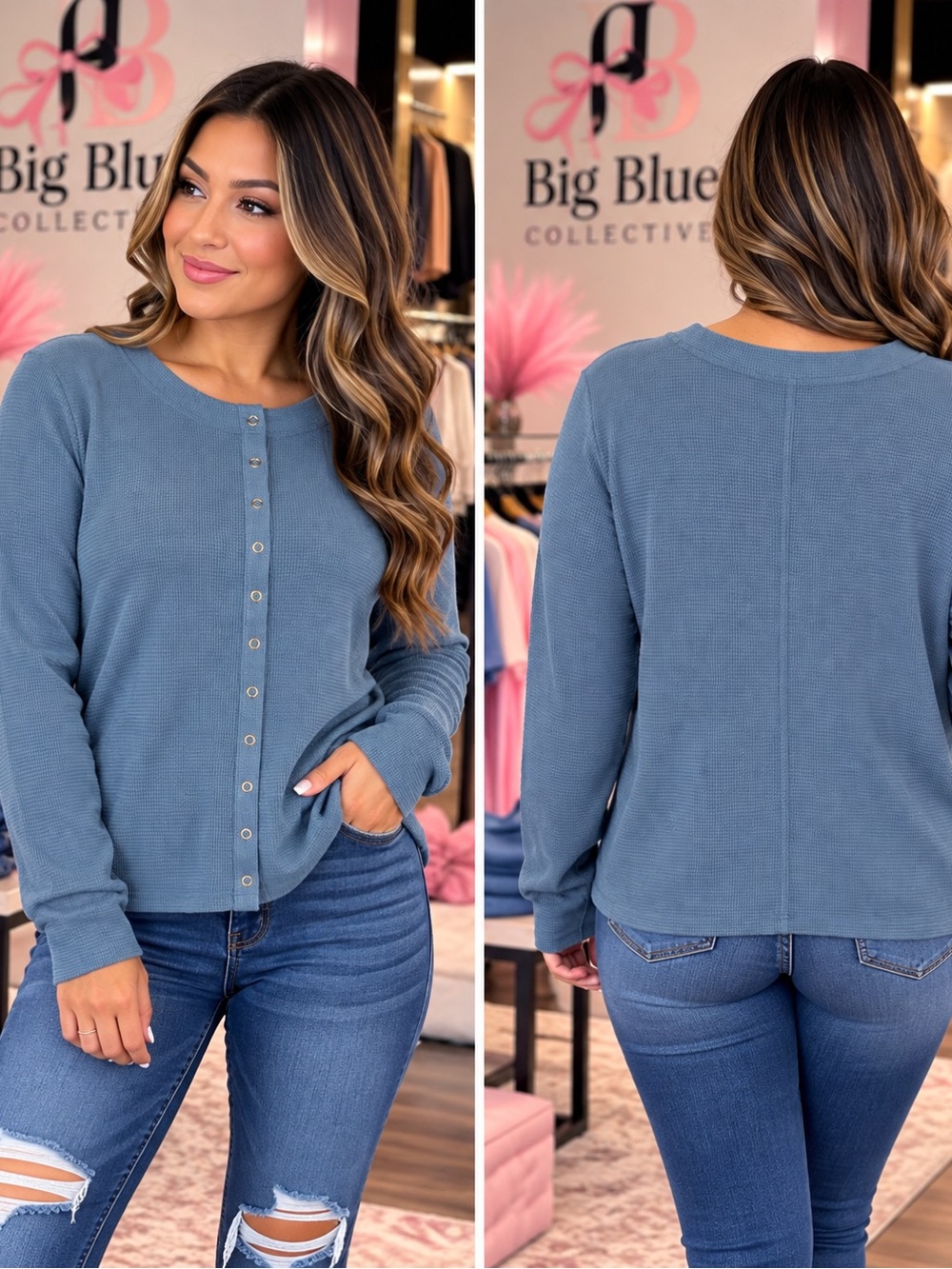 Zenana Outfitters Dusty Blue Button-Front Waffle Top